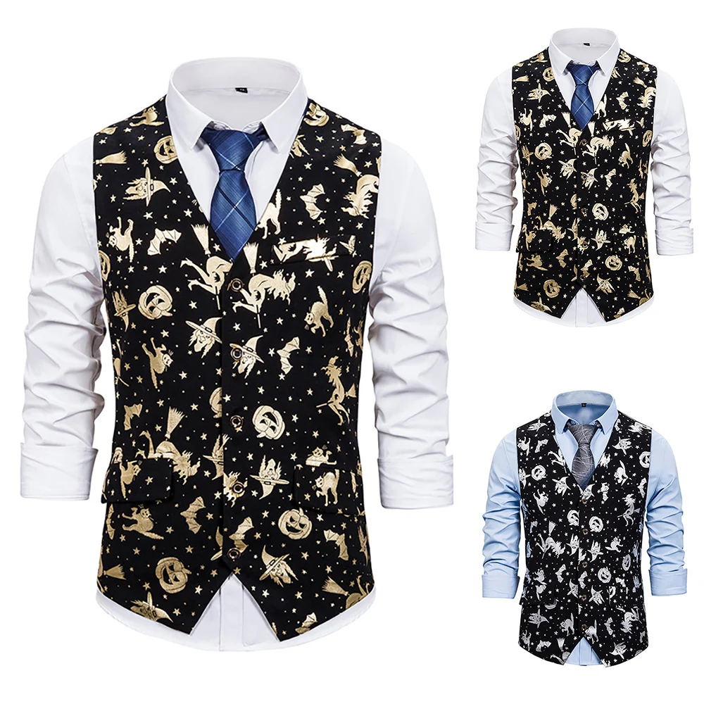 Мужские вечерние жилеты на Хеллоуин с бронзовым принтом тыквы строгий жилет