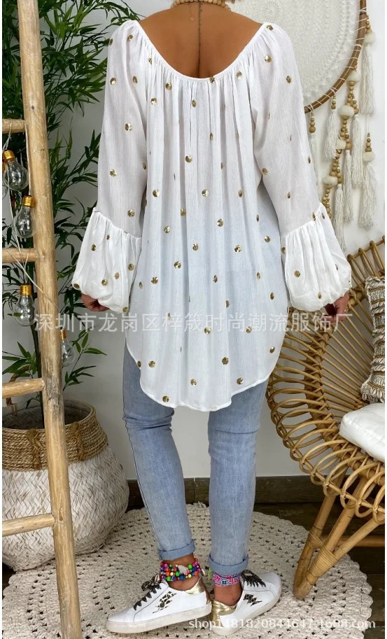 Large size loose women blouse 2020 summer bohemian top casual V-neck horn show strap sequined ladies shirt | Женская одежда
