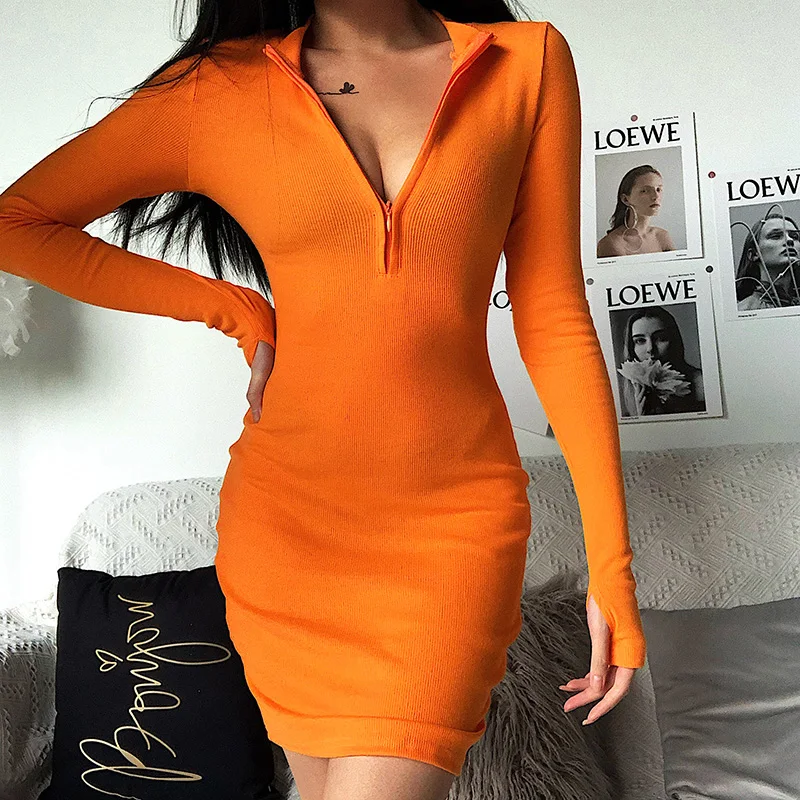 

Temperament high neck long-sleeved dress women winter European and American ins slim zipper bag hip bottoming skirt