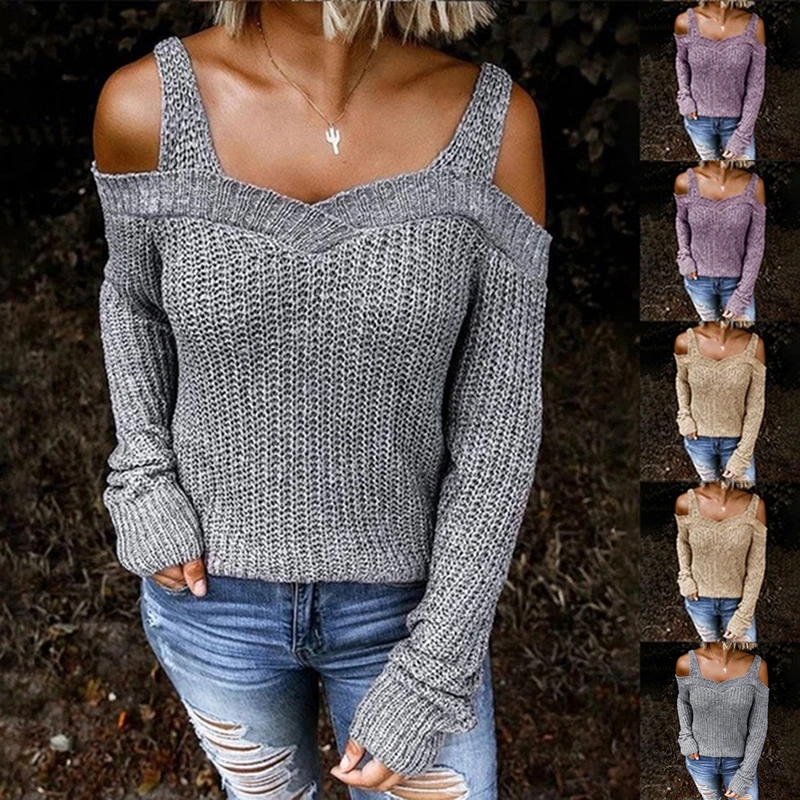 

Hot Style 2020 Autumn Women's Clothing New Sexy Sling Strapless Sweater Solid Color Long-sleeved Sweater 3 Color