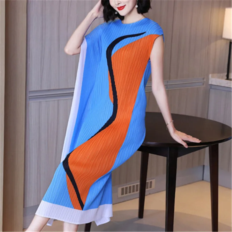 

Плиссированное Платье миаке, платье большого размера, для снижения возраста, для похудения живота, модное темпераментное, платье без рукаво...