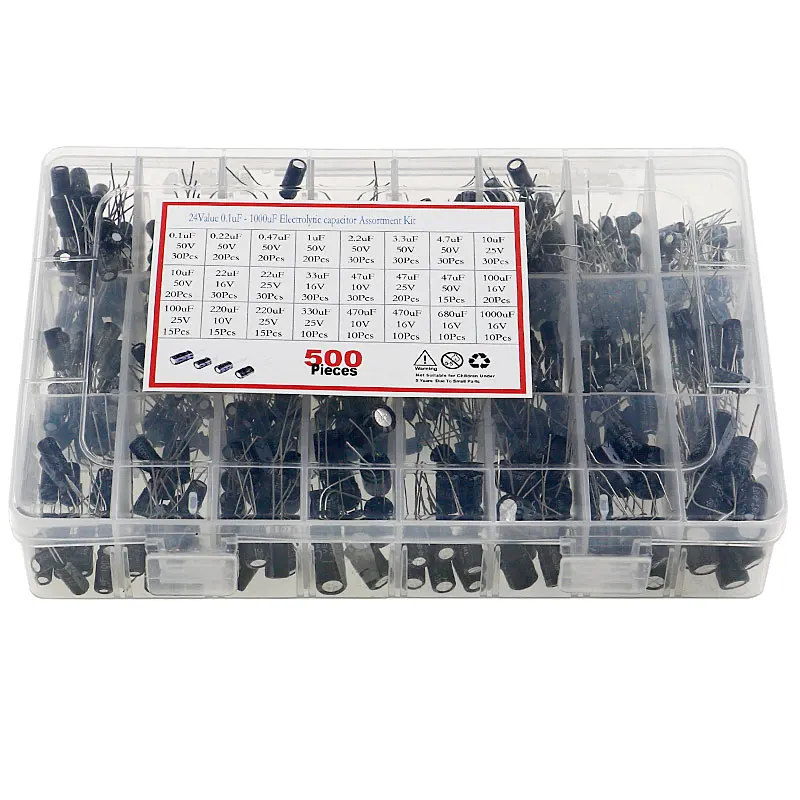 500PCS Electrolytic Capacitor Assortment Box Kit 0.1UF-1000UF 16V-50V 24 Values | Электронные компоненты и