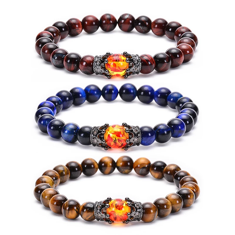

CZ Crown Bead Bracelet King&Queen Tiger Eye Stone Bracelet for Men Women Natural Stone Crystal Beads Bracelets Charm Jewelry