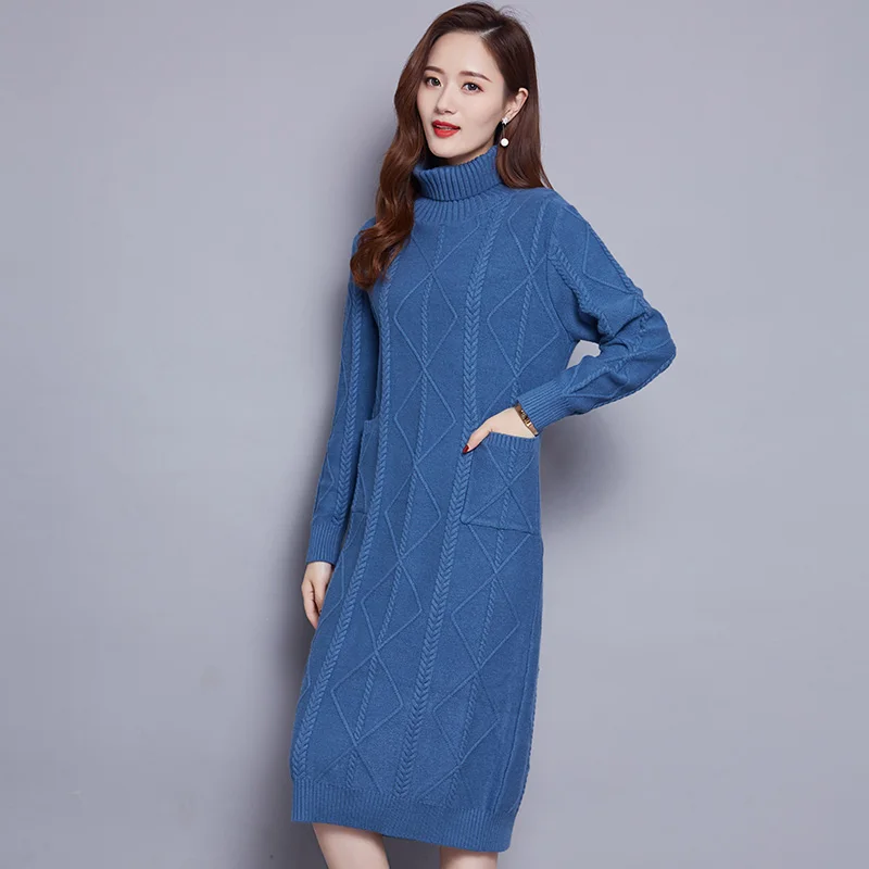 

New Over the knee Sweater Dress Women Autumn and Winter 2019 Loose Turtleneck Basic Knit Sweater Velvet Liner