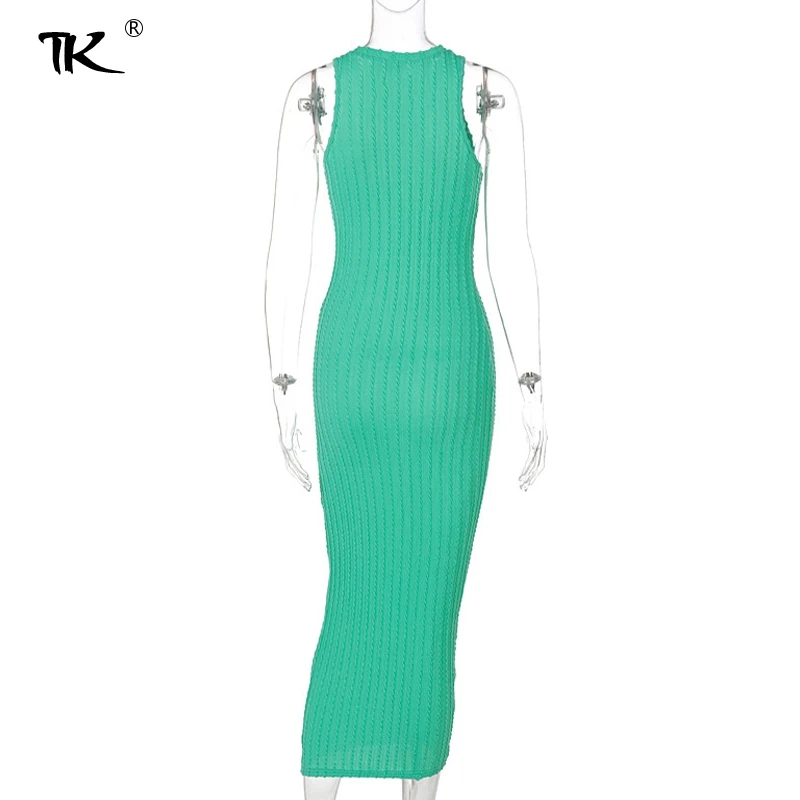 

Knitted Summer Women's Dress 2021 Sleeveless Green O-Neck Sexy Solid Long Dresses For Women Slim Fashion High Wist Sinny Robe