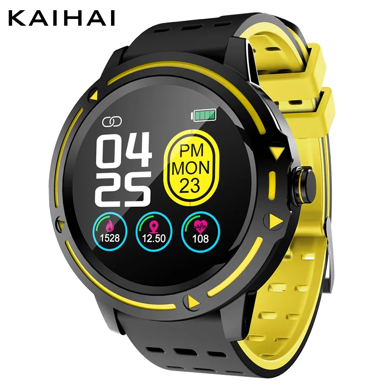Yellow watch smart KAIHAI умные часы для мужчин спортивные водонепроницаемые пульсометр умные часы Сенсорный экран фитнес-трекер для android iphone - Цвет: Yellow watch smart