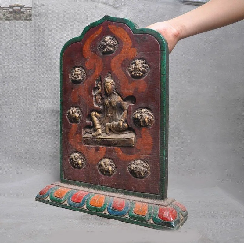 

christmas Tibet Buddhism Wood Painted Bronze Goddess Kwan-yin Buddha Statue Shrines Tangka New Year