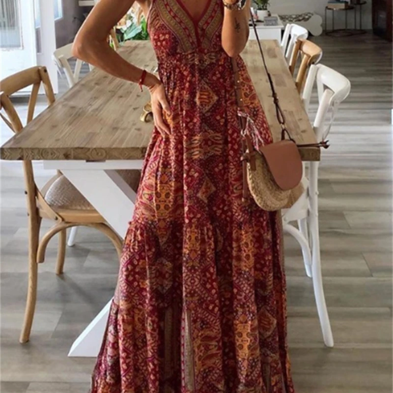 

visted, retro Bohemian women, printed, deep beaked collar, loose, high waist, thin suspender, retro, summer
