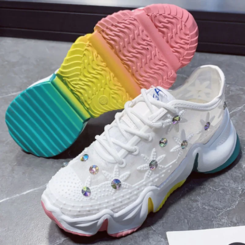 

women flat sports shoes fashion Crystal casual shoes Breathable Platform ladies personality Rainbow bottom vulcanize shoes white