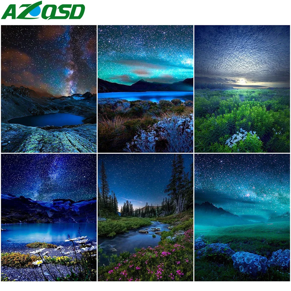 

AZQSD Full Square Diamond Painting Starry Sky Picture Of Rhinestones Diamond Embroidery Landscape Mosaic Home Decoration