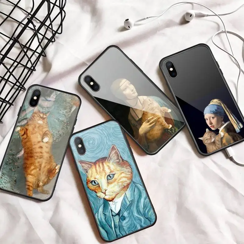 

Retro Cat Art Aesthetics painting Phone Case Tempered glass For iphone 6 7 8 plus X XS XR 11 12 13 PRO MAX mini