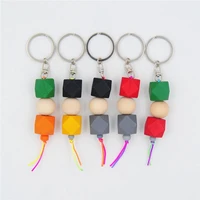 2021 new colored faceted natural wood beaded string keychain for women summer octagonal wooden key chain charm bag accessories
