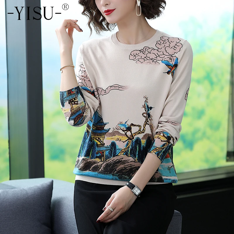 

Printed Knitted Sweater Women 2019 Autumn Winter Chinese Style Loose Warm Sweater Women Elastic Casual Female Pullovers