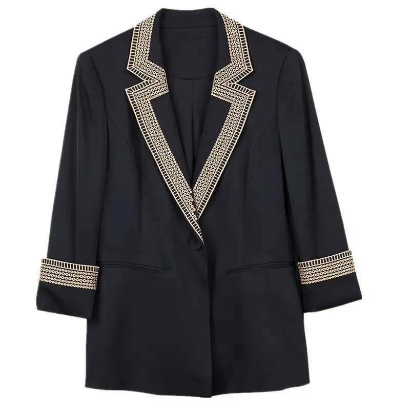 

Женский пиджак с вышивкой, черный повседневный пиджак с длинным рукавом на одной пуговице, осень 2021
