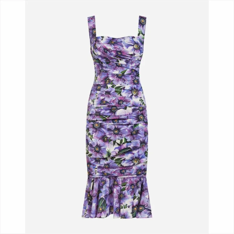 

Slim Lady Noble Purple Floral Dress 2021 Trendy Lady Spring Summer Wear Elegant Anemone Purple Printed Ruffled Mermaid Dress