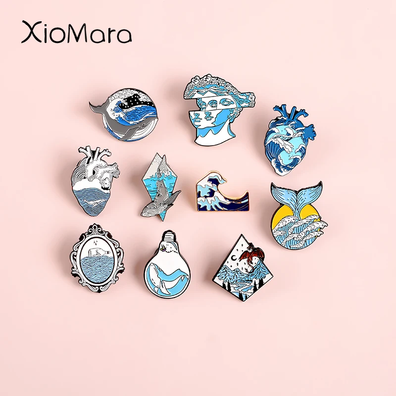 

Ocean Enamel Pins Collections Dragon Plaster Model Whale Blue Sea wave jewelry Nature Brooches Lapel Pins For Ocean Lover Gifts