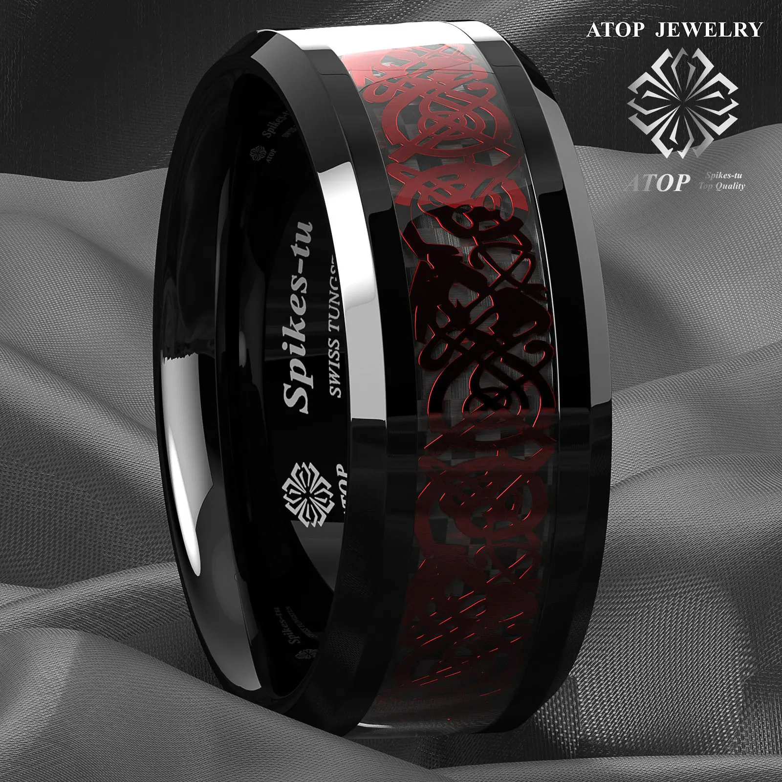 Черное вольфрамовое кольцо 8 мм с красным кельтским драконом черное из
