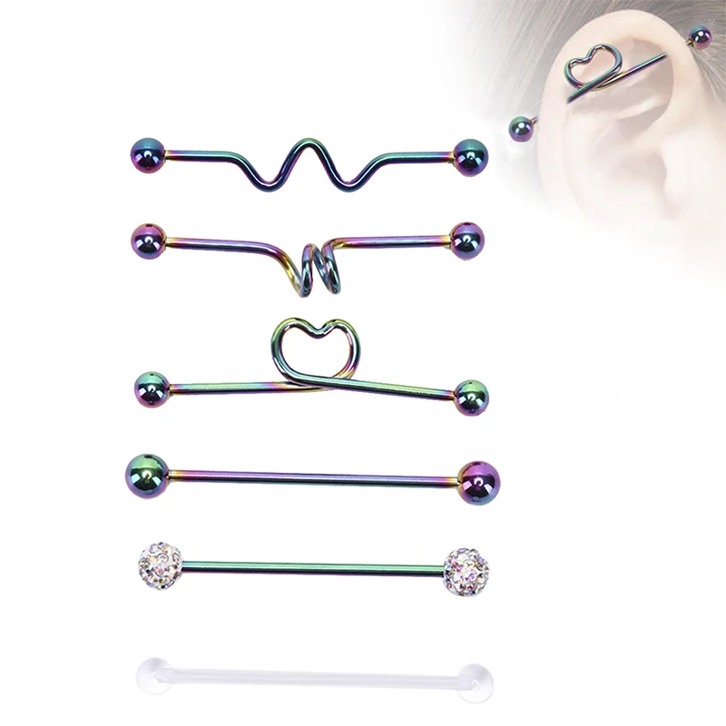 

6Pcs/Set Stainless Steel Industrial Barbell Earrings Heart Arrow Rainbow Ear Cartilage Helix-Conch Piercing Jewelry