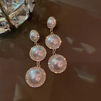 925 silver needle korean fashion net red full diamond freshwater pearl geometric round long earrings