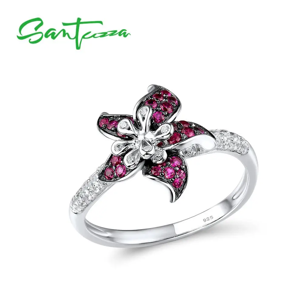 SANTUZZA Silver Ring For Women 925 Sterling Blooming Flower Blue Pink White Cubic Zirconia anillos Party Fine Jewelry | Украшения и