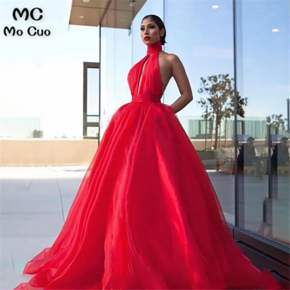 

Red Open Back Prom Dress Puffy Skirt Halter Neck Long Formal Graduation Evening Dress Party Gown Custom Made vestidos Elegantes