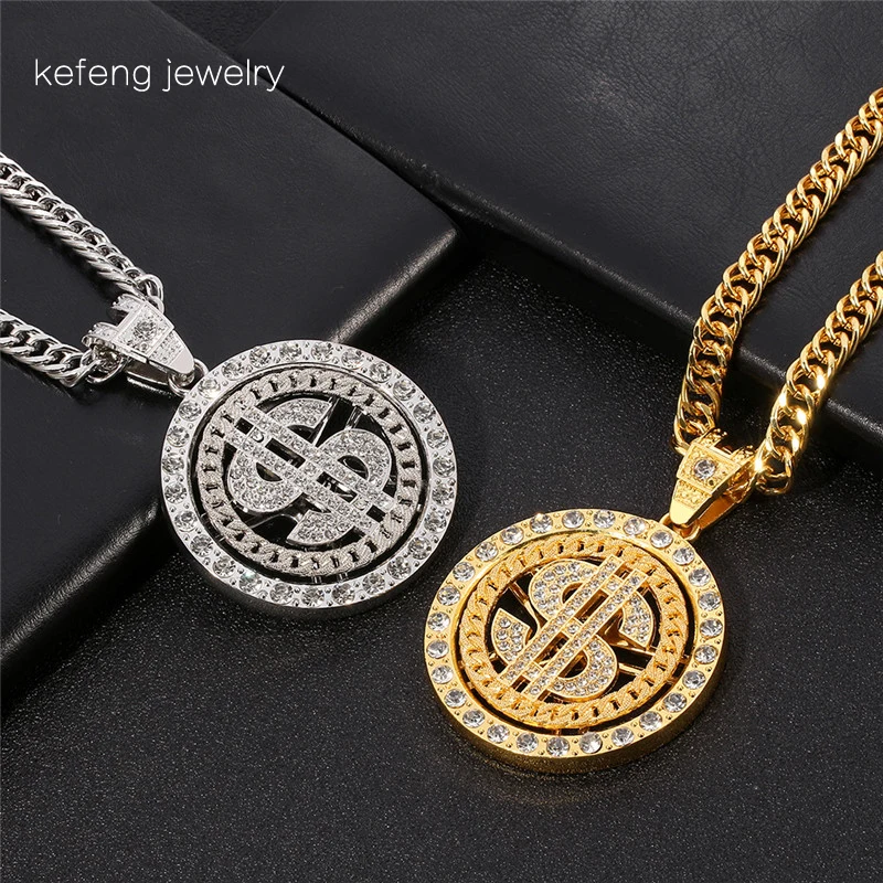 Hip Hop Gold Silver Color Rotating Dollar Pendant Long Necklace Rhinestone Men Boy Jewelry Disc Accessories | Украшения и