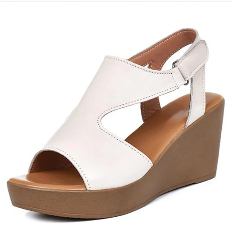 Сандалии женские из мягкой воловьей кожи Босоножки с открытым носом на платформе