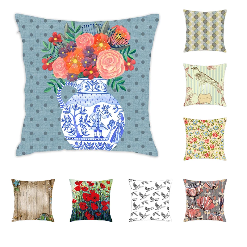 

[Douladou] Flower Vintage with Bird Floral French Pillow Cases Eco-Friendly Home Pillowcase Family Hotel Accessories 45x45cm