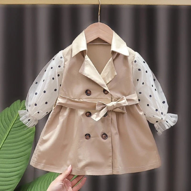 

1-4Y Toddler Baby Girls Spring Autumn Jacket And Coats Lace Polka Dot Sleeves Windbreaker 2021 New Children Clothes Jackets