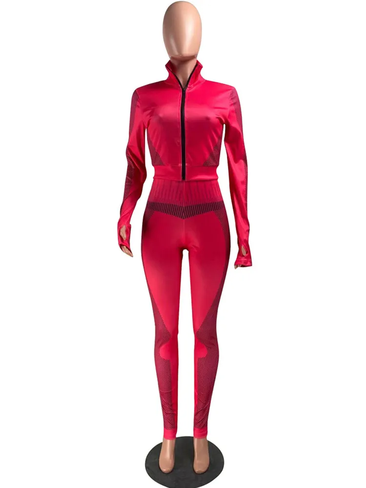 

Poshby Women Tracksuits Full Sleeve Zipper Up Stand Collar Slim Crop Top High Waist Workout Sweatpants 2020 Casual 2 Piece Sets