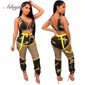 Женский Камуфляжный комплект из двух предметов, повседневный укороченный топ на молнии с V-образным вырезом и без рукавов, жилет, комбинезон на бретельках, брюки, костюм, женский наряд, спортивный костюм