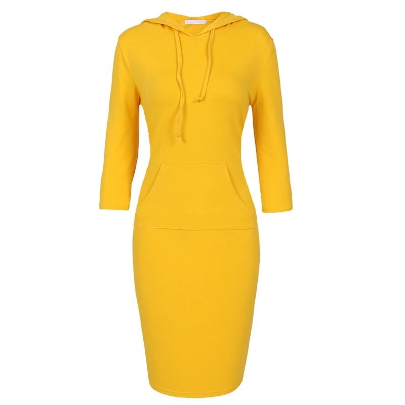 Женское платье с рукавом 3/4 однотонное средней длины капюшоном карманом-кенгуру