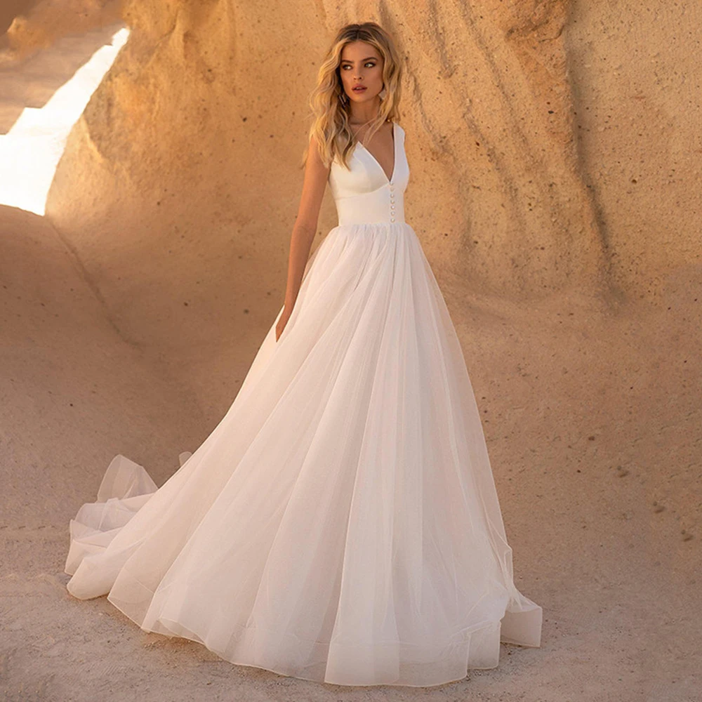 

Satin V Neck Wedding Dresses A Line Tulle Lace Bridal Gowns 2021 Backless Wedding Bride Dresses
