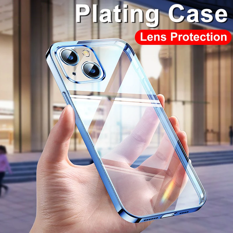 

For iPhone 13 11 Pro Max Plating Square Frame Case iPhone 12 mini Phone Lens Protective Shockproof Soft Back Cover Accessories