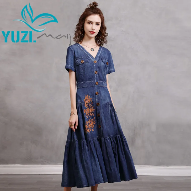 Summer Dress 2021 Yuzi.may Boho New Denim Woman Dresses V-Neck Single Breasted Vintage Embroidery Vestidos A82327 Vestido