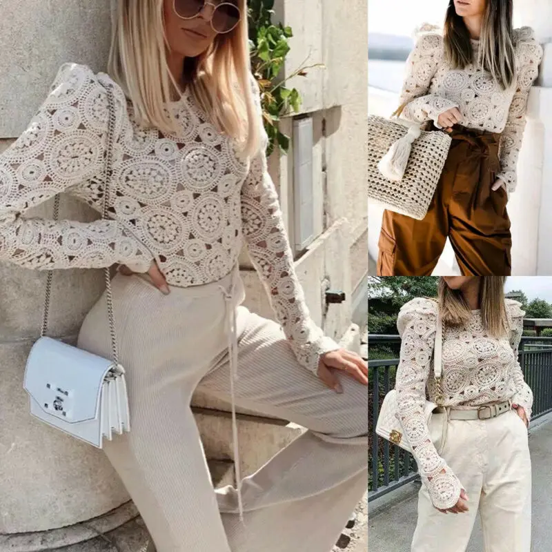 Бежевая блузка Женская кружевная крючком ажурная рубашка с длинным рукавом топы