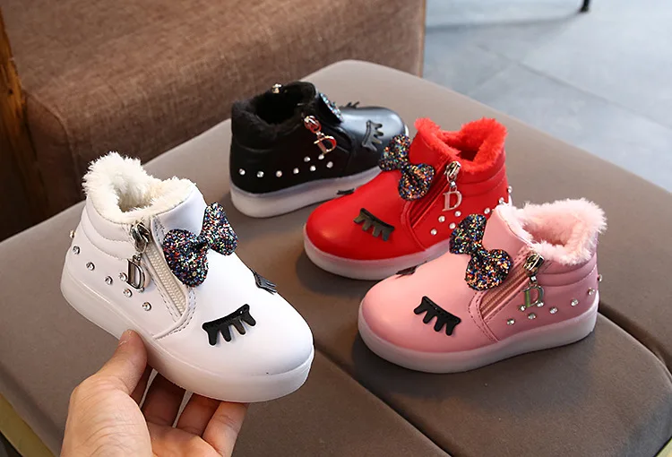 Fur cartoon Fashion Snow winter children boots Cute hot sales kids casual sneakers Lovely butterfly girls shoes