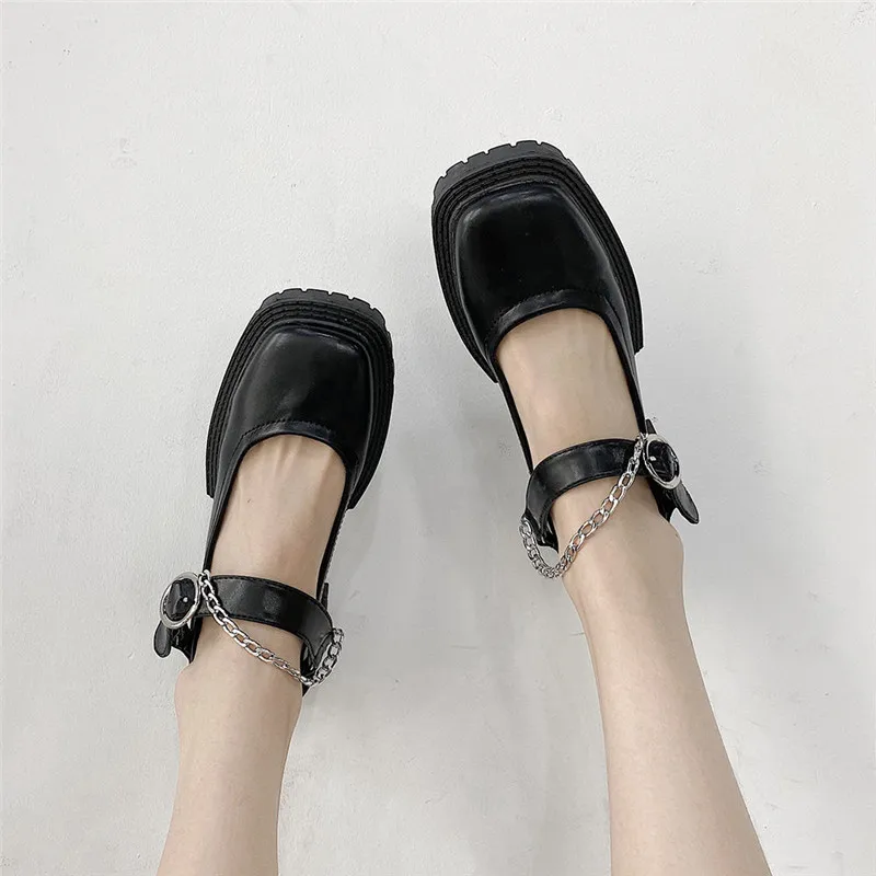Women's y2k Gothic Punk Chain Shoes Chunky Platform Wedges Square Toe Motorcycle Shoes Fashion Designer Black Leather Flats 2022