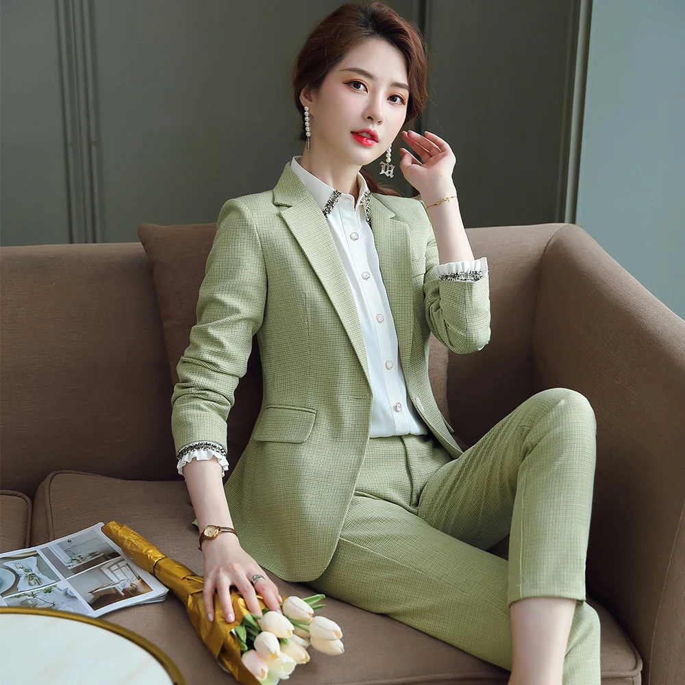 Деловой брючный костюм для женщин зелено серый классический блейзер офиса и