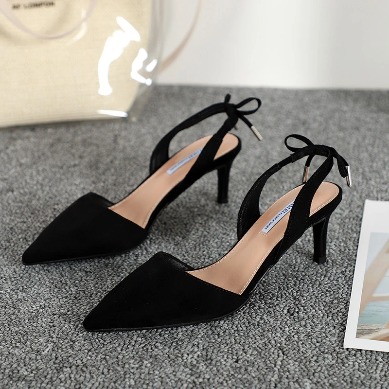 Женские босоножки из флока однотонные туфли лодочки на тонком каблуке средней