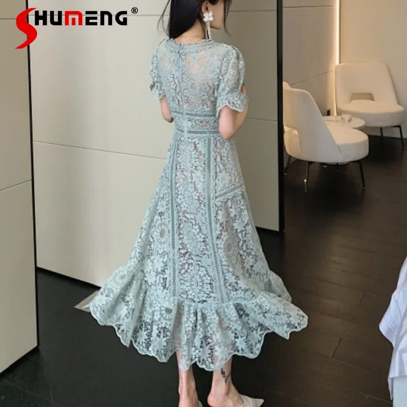 

2021 Summer Green Short Puff Sleeve Cotton Mid-Length Lace Dresses for Women Party Fairy High Quality A-Line Long Dress Ladies