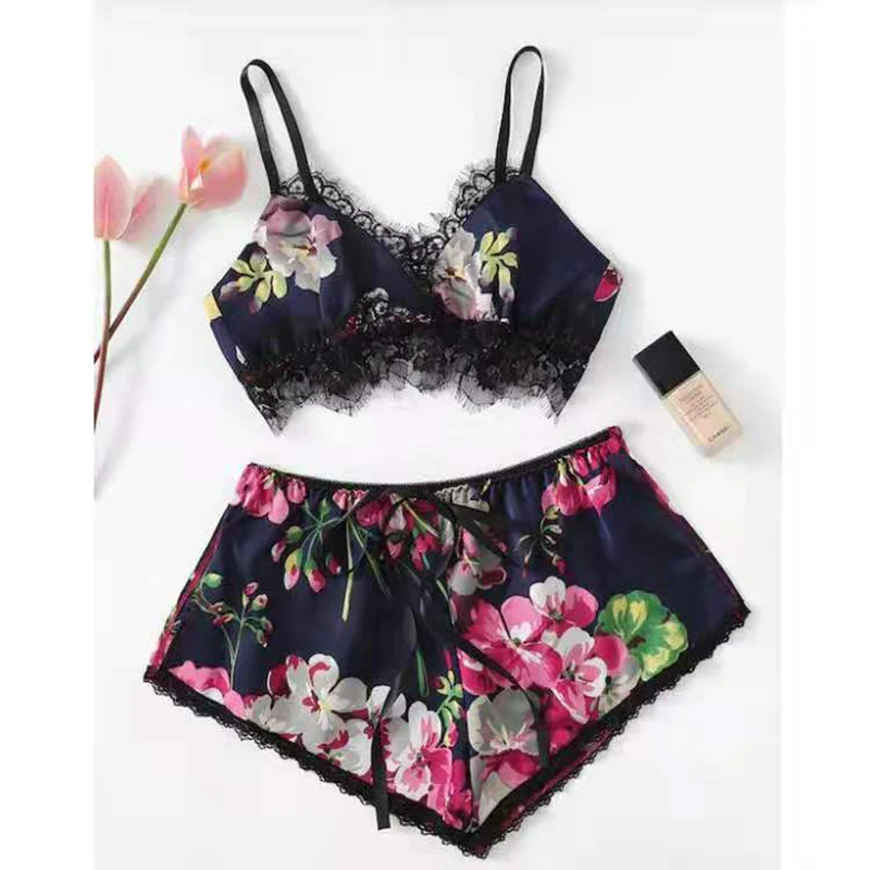 

Sexy Lingerie Print Split Pyjamas Home Two-piece Set Sexy Lace Sling Pajamas Set