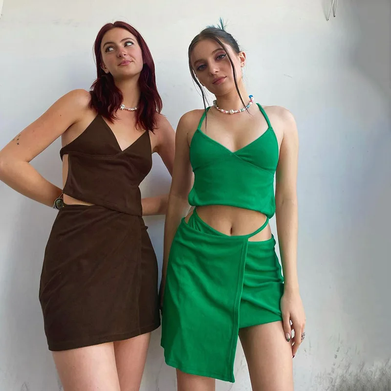 

New Two Piece Set Women Fashion Strappy Halter Top and Bandage Skirt Vacation Outfits Casual Solid Color Matching Suit