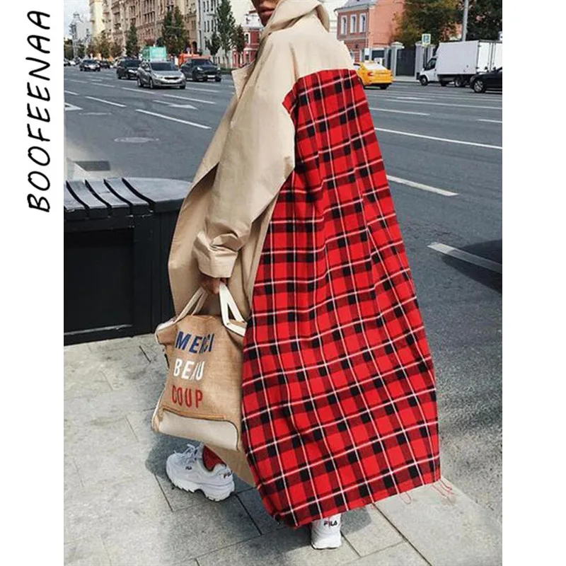 Женское пальто в красную клетку BOOFEENAA длинное цвета хаки ветровка уличная одежда
