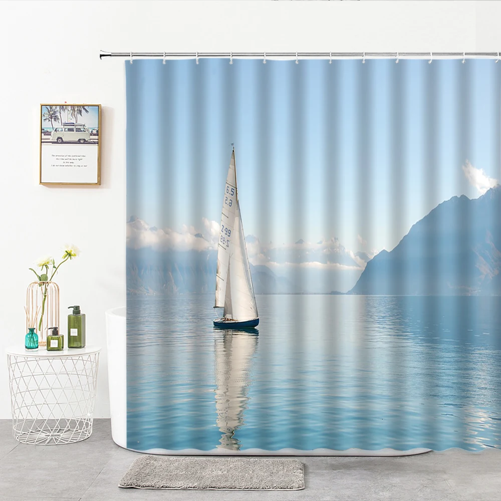 

Shower Curtain Sea Scenery Ocean Sailing Ship Polyester Waterproof Bathroom Curtains Bathtub Screens Home Decoration With Hook
