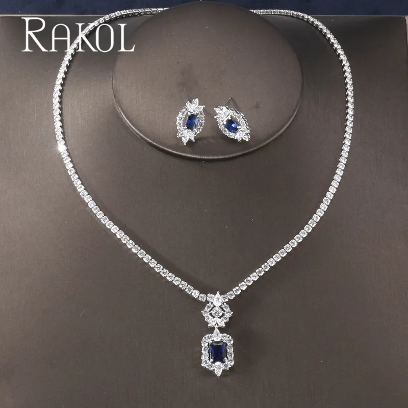 Square Blue RAKOL Новая мода Роскошные AAA циркон форма капли воды ожерелье серьги набор украшений для женщин вечерние свадебное платье аксессуары - Окраска металла: Square Blue