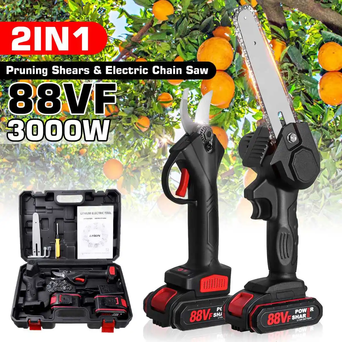 

88VF 2 в 1 30 мм беспроводной секатор 6 дюймов Электрическая цепная пила садовый деревообрабатывающий инструмент деревья бонсай резак 2 батареи ...