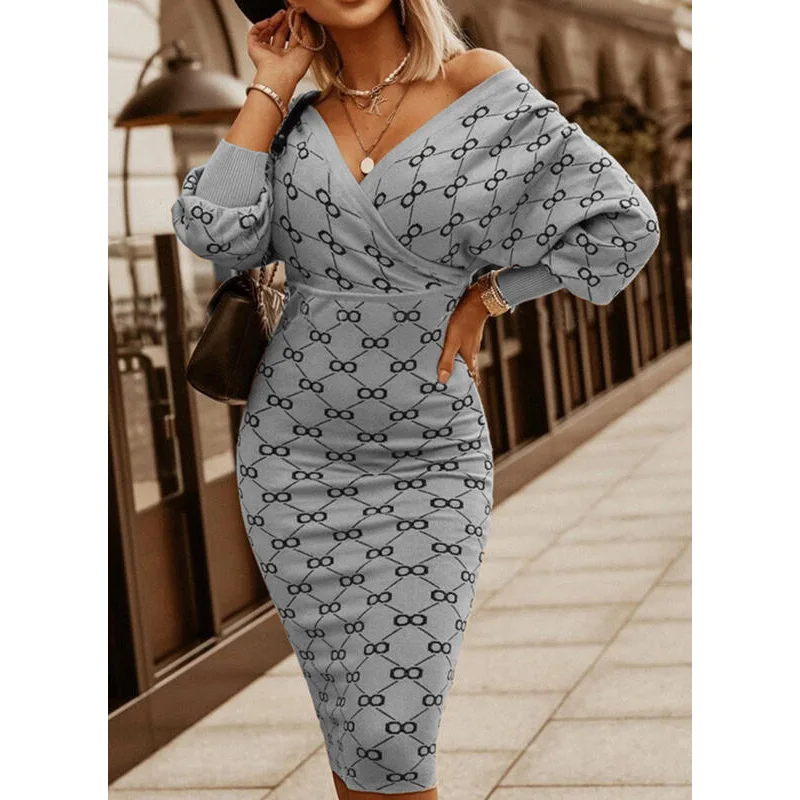 

WJFZQM Sexy Deep V-Neck Pencil Dress Women Party Night Low Cut Print Long Sleeve Knitting Dress Women Bodycon Sexy Wrap Dresses