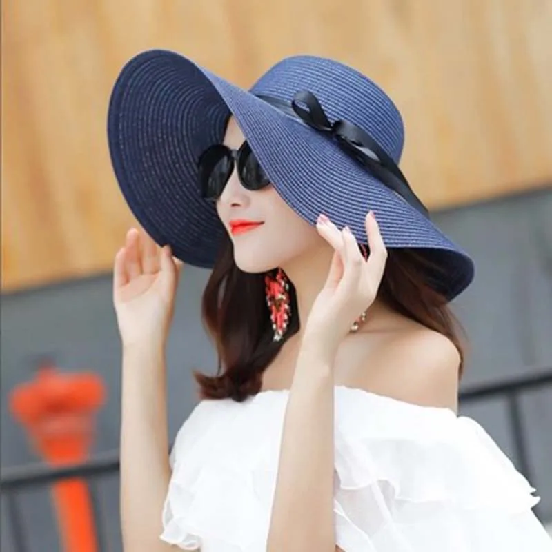 Simple Wide-Brimmed Floppy Disk Ladies Big Brimmed Straw Hat Beach Sunscreen UV Protection Female Bowknot Rope Travel Sun Hats40 |