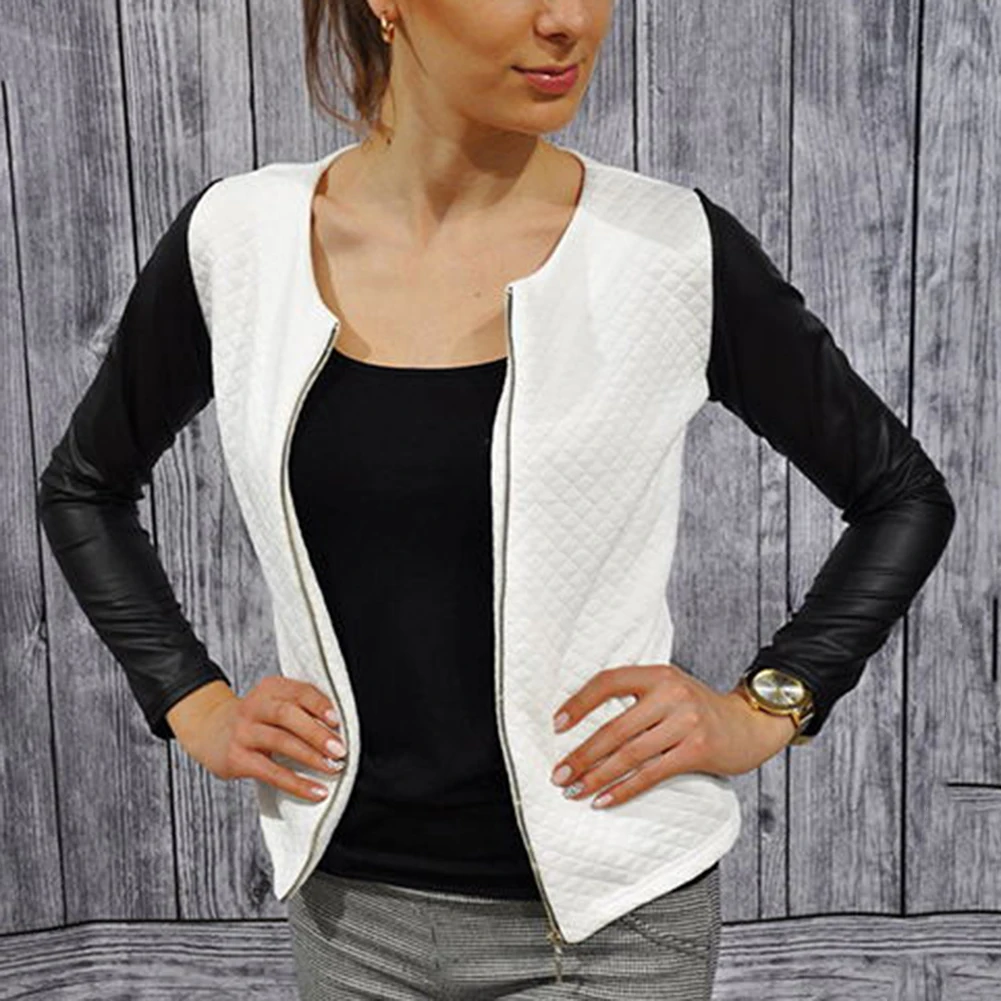 Модная женская куртка из искусственной кожи в стиле пэчворк с длинным рукавом